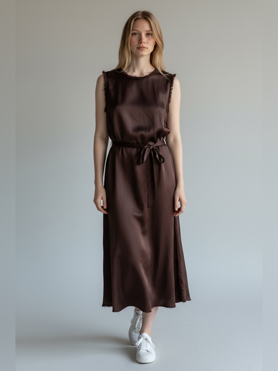 Raquel Allegra Stunning Brown Satin Belted Midi Dress Crewneck Quiet Luxury Sm